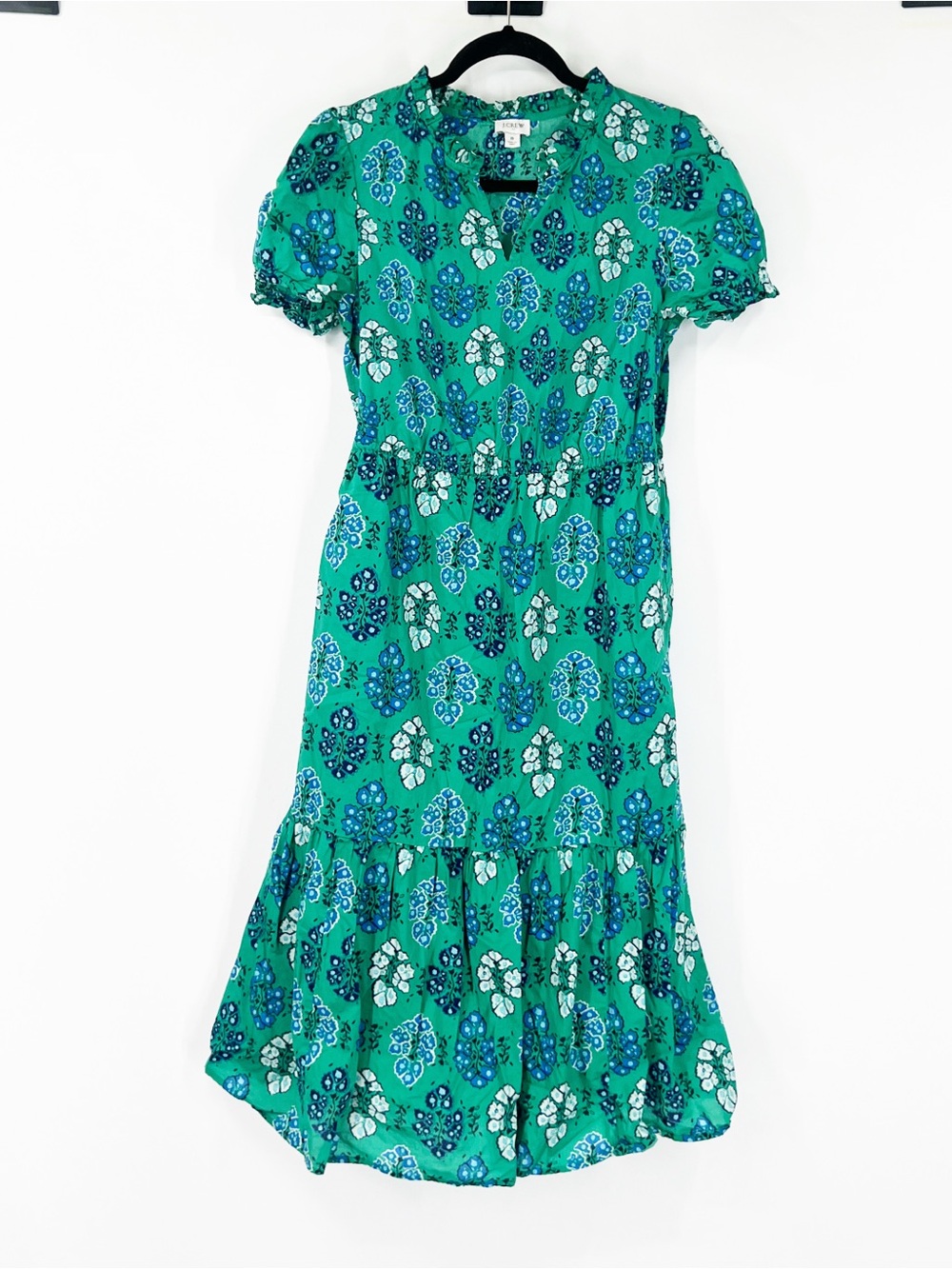 J. Crew Factory Printed Ruffleneck Puff-Sleeve Midi Dress